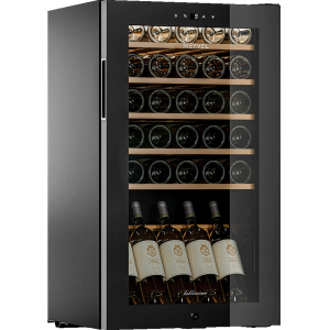 Шкаф холодильный для вина,  42бут., 1 дверь стекло, 2 полки+подставка, ножки, +5/+18С, дин.охл., черный, R600а Meyvel 298303